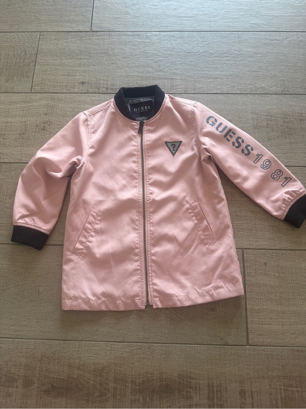 GUESS Pink Kids Bomber Light Jacket with Logo Sleeve 1981